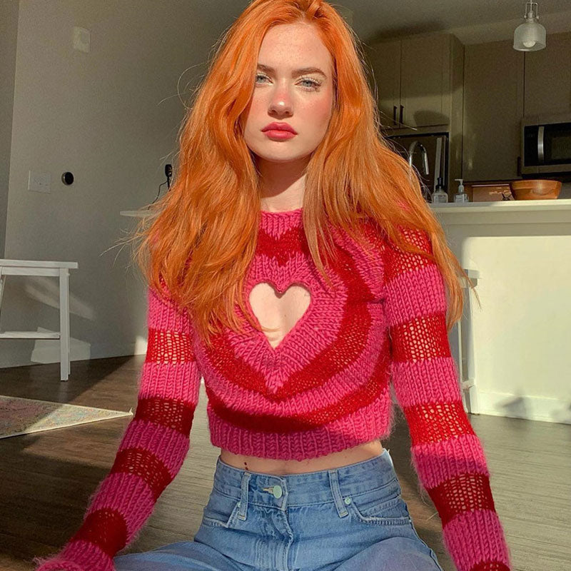 Red Crew Neck Heart Cutout Striped Knit Cropped Sweater