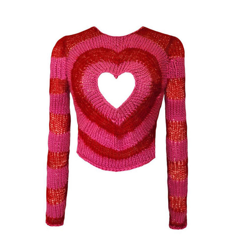 Red Crew Neck Heart Cutout Striped Knit Cropped Sweater