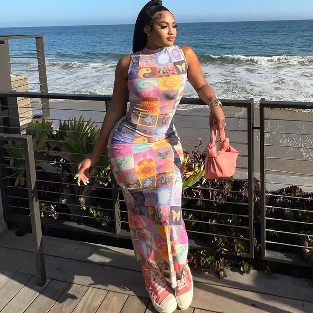 Multicolor High Neck Sleeveless Graphic Patchwork Print Bodycon Maxi Dress