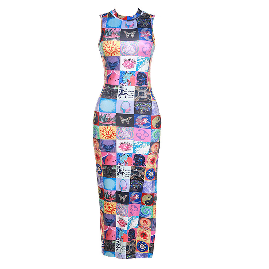 Multicolor High Neck Sleeveless Graphic Patchwork Print Bodycon Maxi Dress