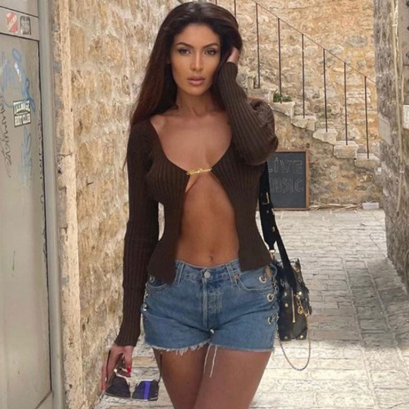 Coffee Chain Clasp Open Front Ribbed Long Sleeve Crop Cardigan