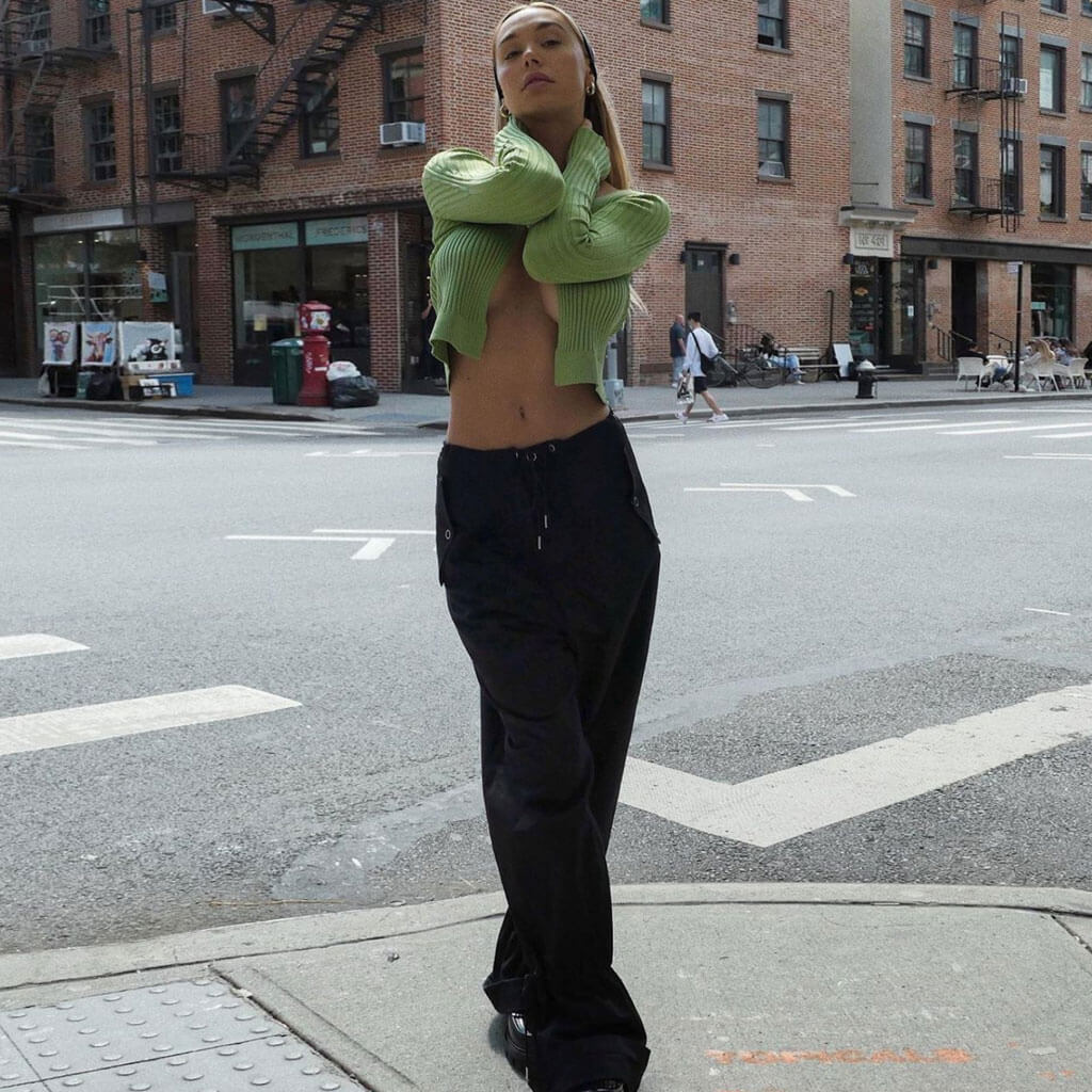 Green Chain Clasp Open Front Ribbed Long Sleeve Crop Cardigan