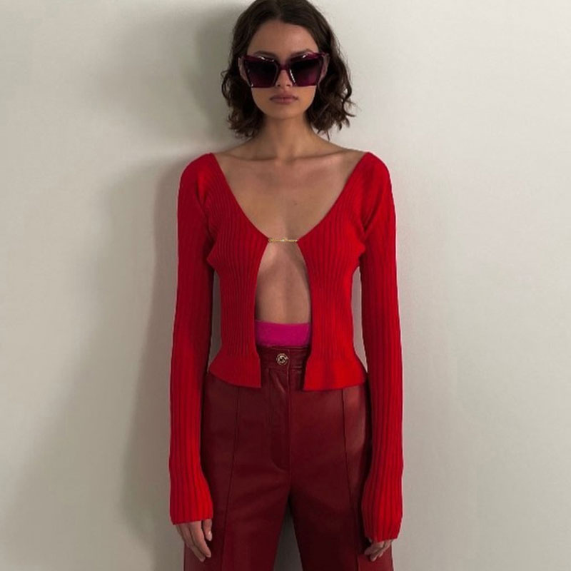 Red Chain Clasp Open Front Ribbed Long Sleeve Crop Cardigan