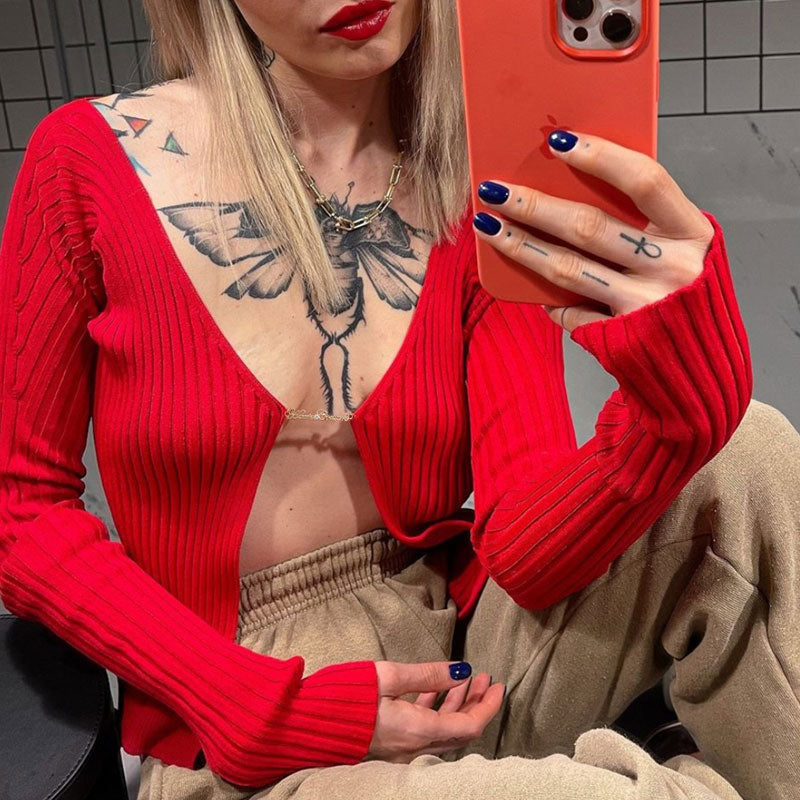 Red Chain Clasp Open Front Ribbed Long Sleeve Crop Cardigan