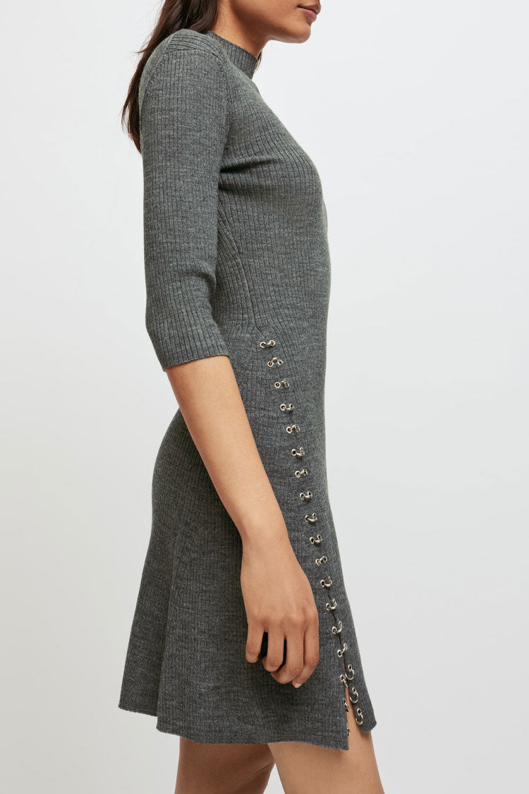 Gray Mock Neck Ribbed Knit Ring Lace-Up Sweater Mini Dress 3