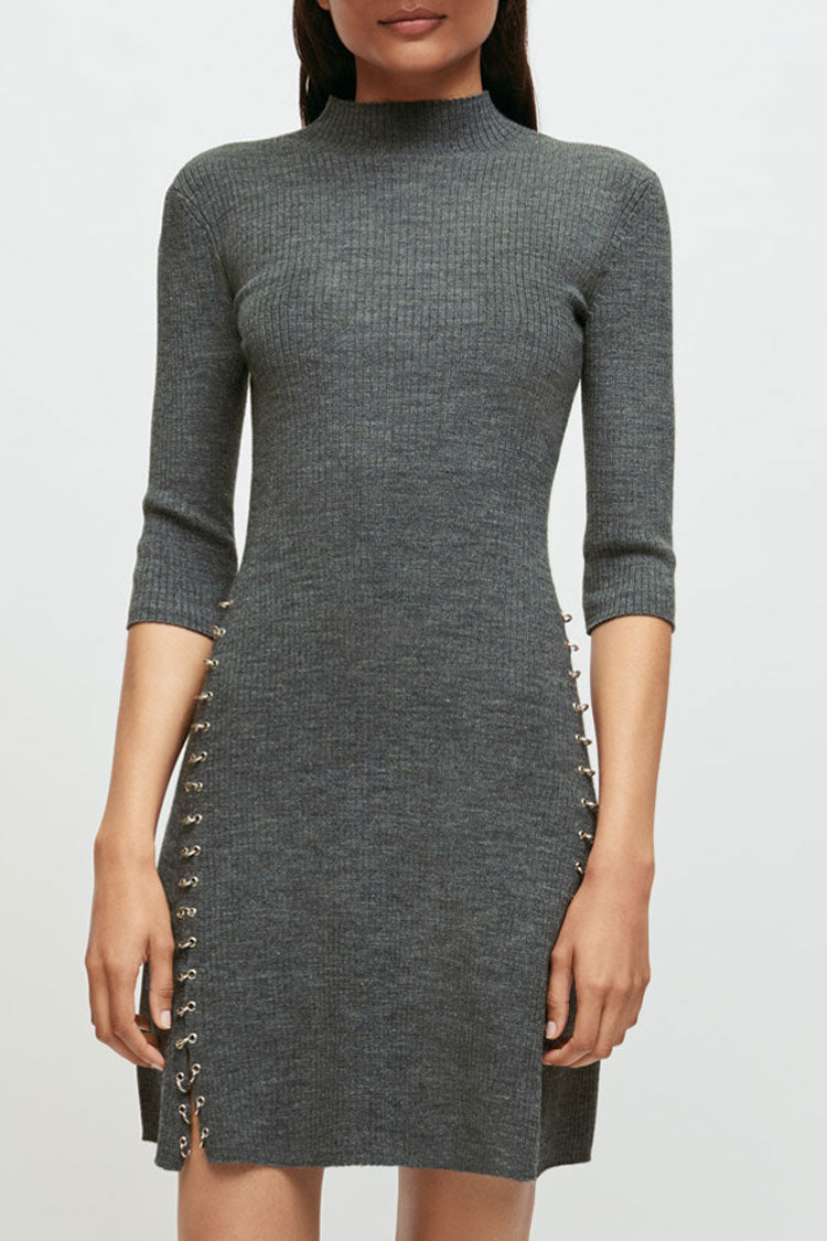 Gray Mock Neck Ribbed Knit Ring Lace-Up Sweater Mini Dress 2