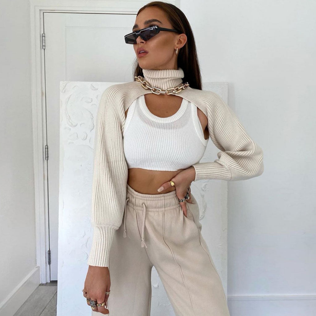 White Turtleneck Long Sleeve Rib Knit Cropped Pullover Sweater