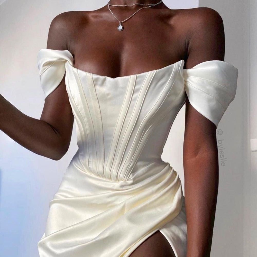 Off-Shoulder Puff Sleeve Corset Satin Ruched High Slit Maxi Dress