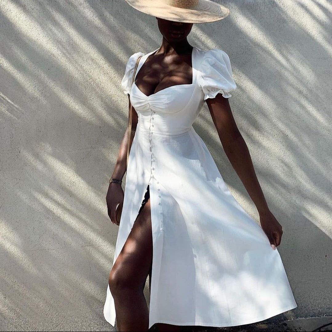 White Square Neck Puff Sleeve Ruched Button Front A-Line Midi Dress