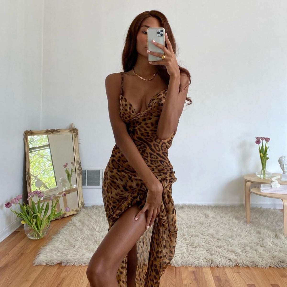 Leopard Scoop Neck Spaghetti Strap Leopard Bodycon Slip Maxi Dress 2