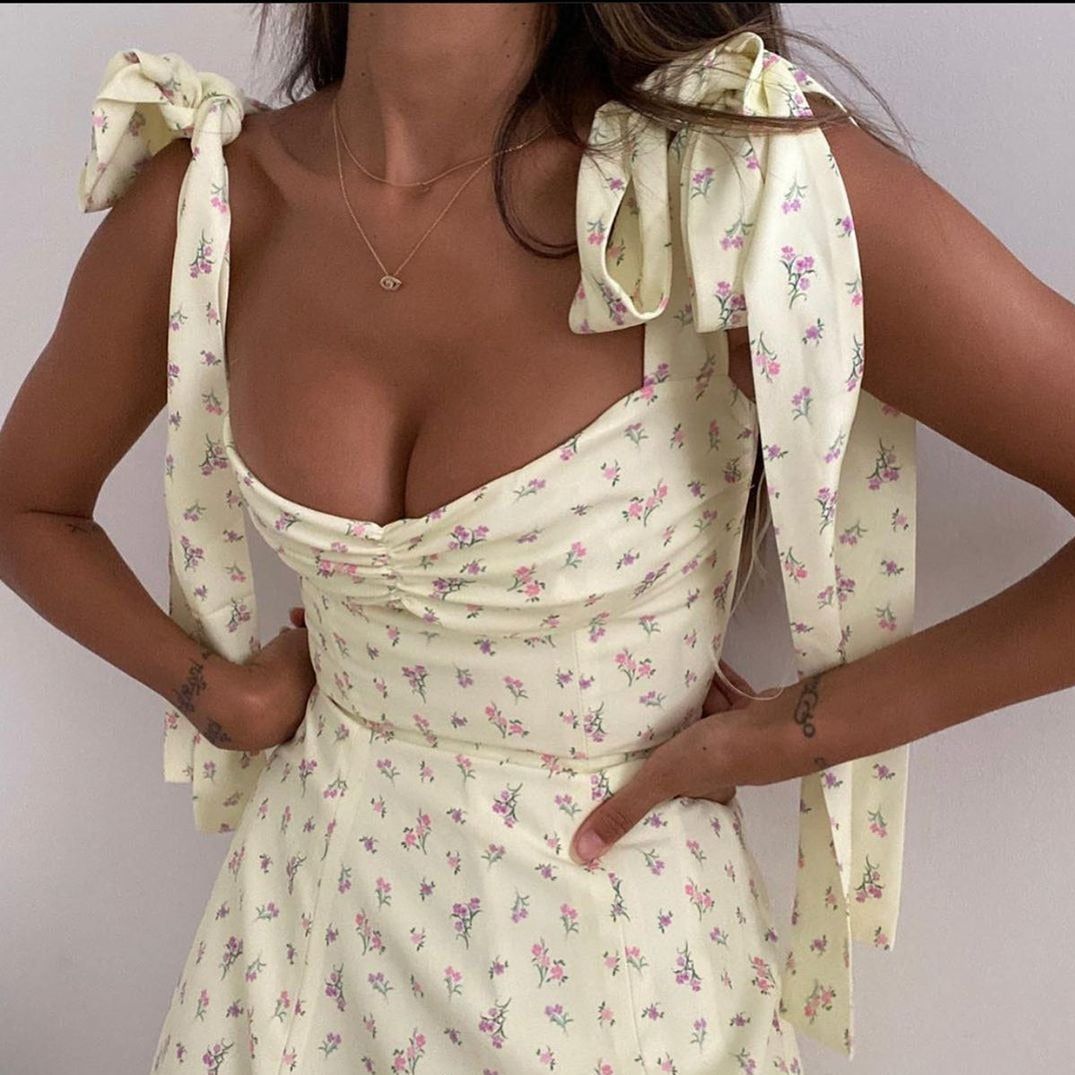 Yellow Sweetheart Tie Strap Floral Ruched Side Slit Maxi Dress