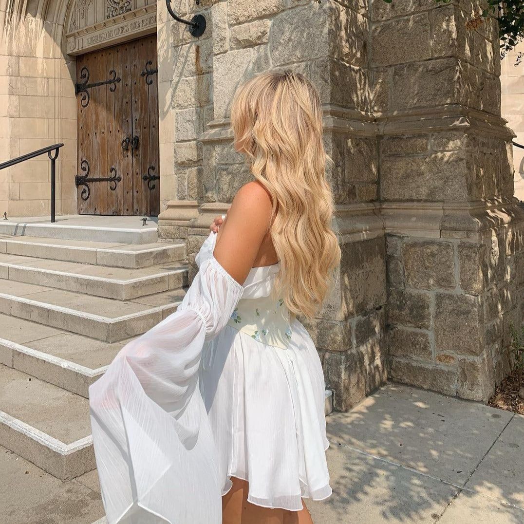 Off-Shoulder Puff Sleeve Lace-Up Corset Floral Chiffon Mini Dress