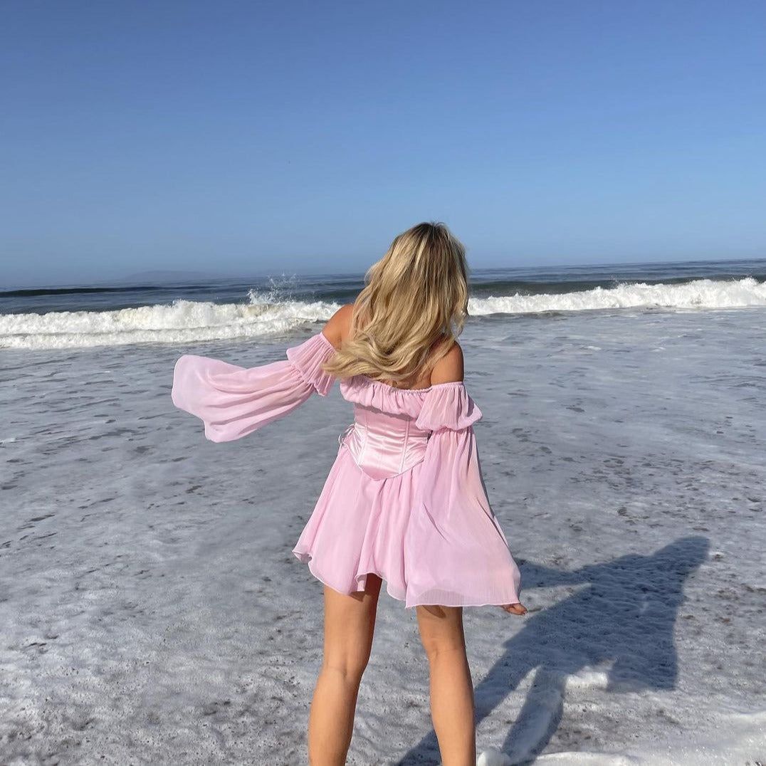 Off-Shoulder Puff Sleeve Lace-Up Corset Floral Chiffon Mini Dress