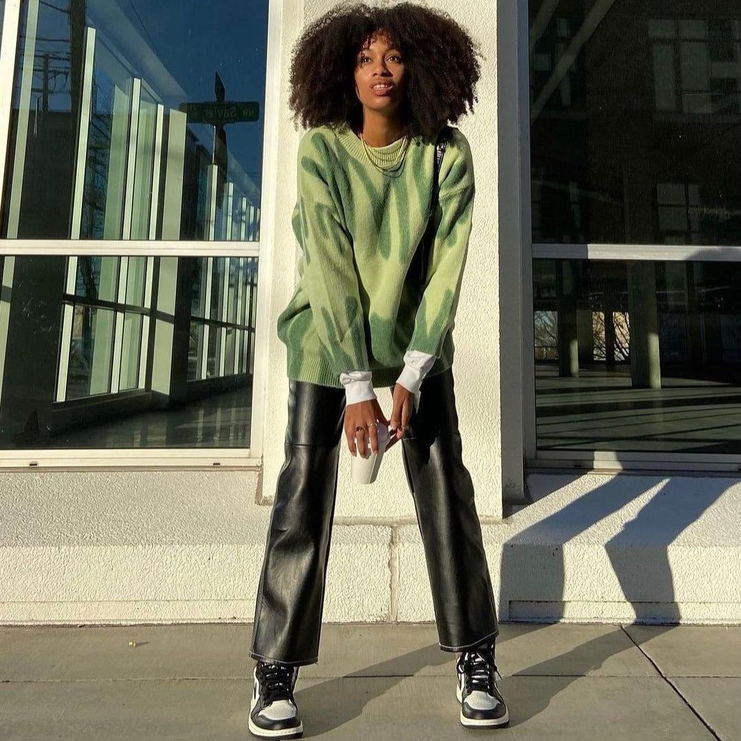 Abstract Print Crew Neck Long Sleeve Oversized Knit Sweater