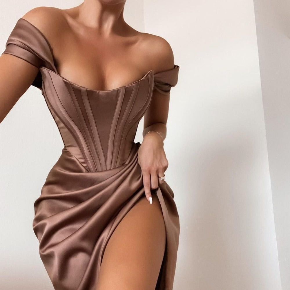 Off-Shoulder Puff Sleeve Corset Satin Ruched High Slit Maxi Dress