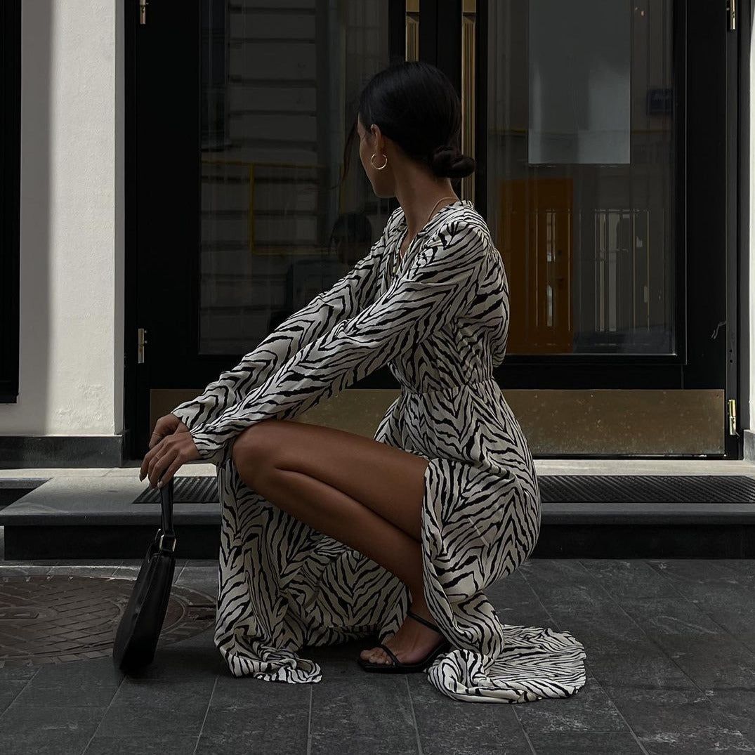 Zebra Collared Zebra Print Long Sleeve Flowy Maxi Dress