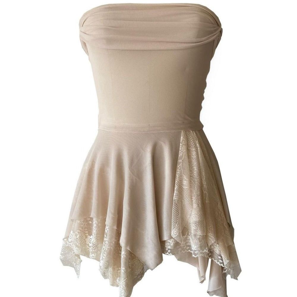 Beige Straight Neck Sheer Mesh Lace Trim Ruffle Mini Dress 9