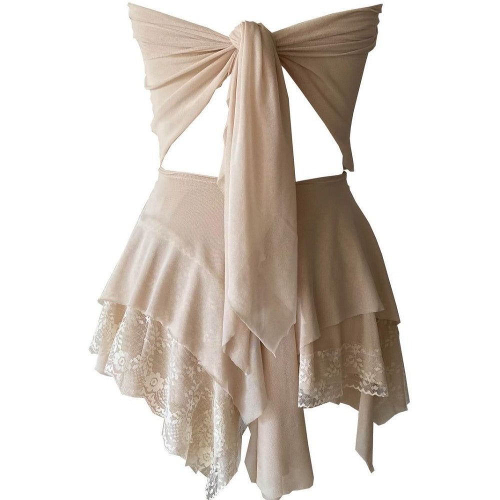 Beige Straight Neck Sheer Mesh Lace Trim Ruffle Mini Dress 10