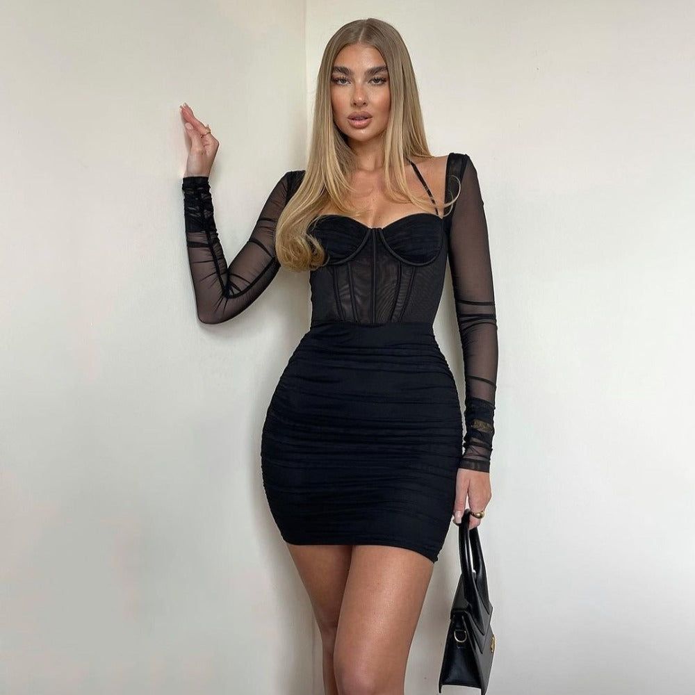 Halter Sweetheart Mesh Corset Ruched Long Sleeve Bodycon Mini Dress