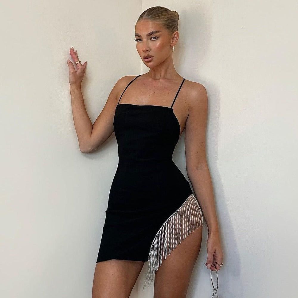 Black Spaghetti Strap Rhinestone Crystal Tassel Fringe Bodycon Mini Dress