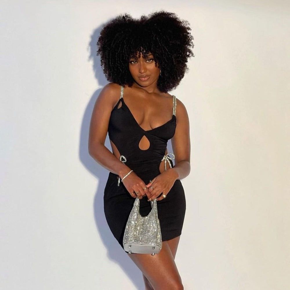 Black Rhinestone Strap Cutout Tie Bodycon Mini Dress