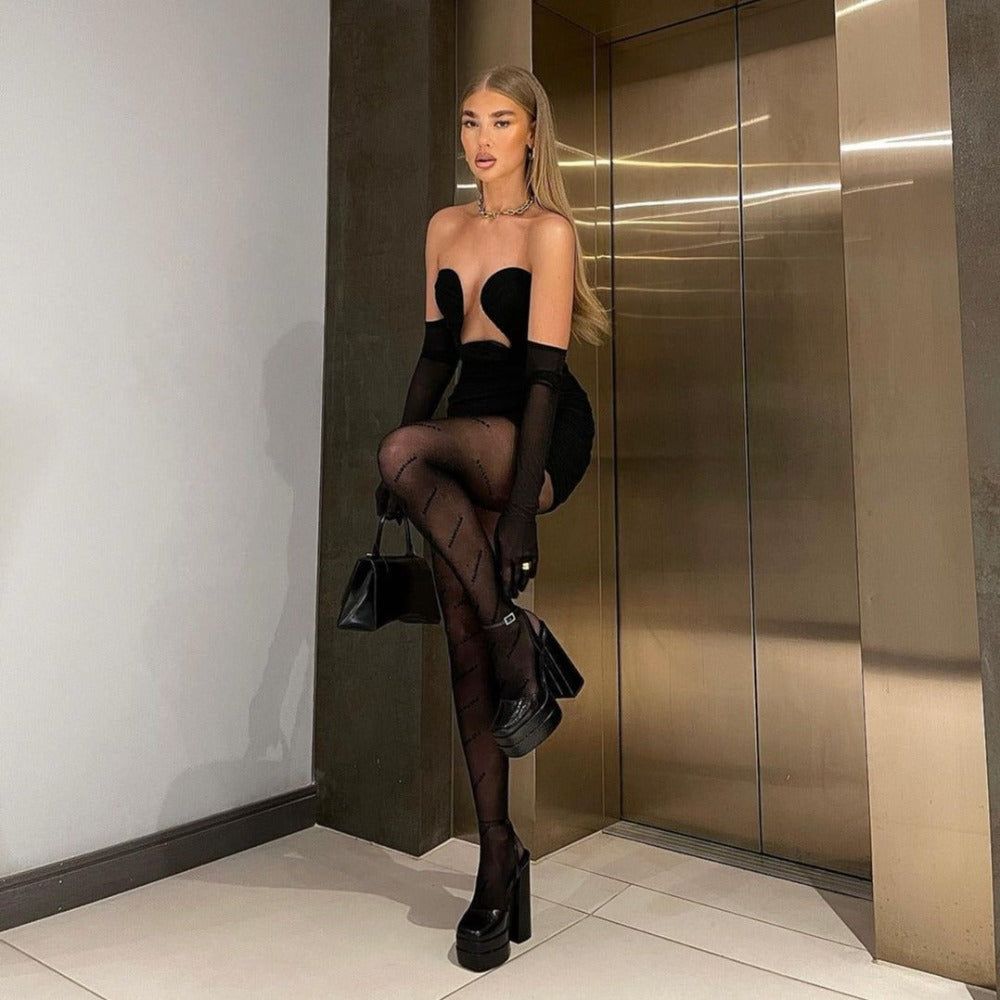 Black Strapless Plunge Cutout Bustier Ruched Bodycon Mini Dress