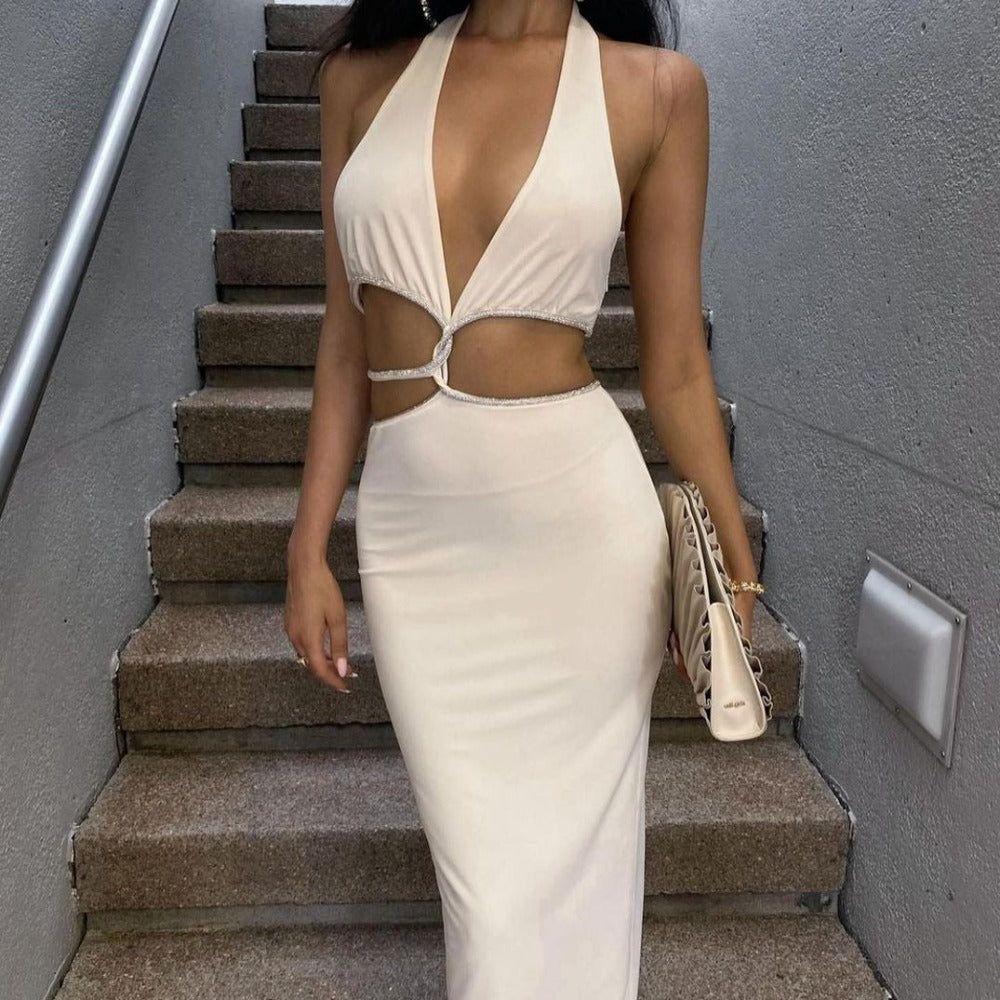 Halter Deep V Rhinestone Twist Cutout Bodycon Maxi Dress