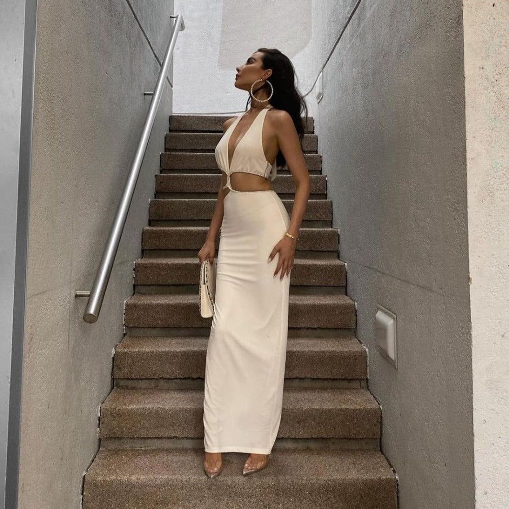 Halter Deep V Rhinestone Twist Cutout Bodycon Maxi Dress