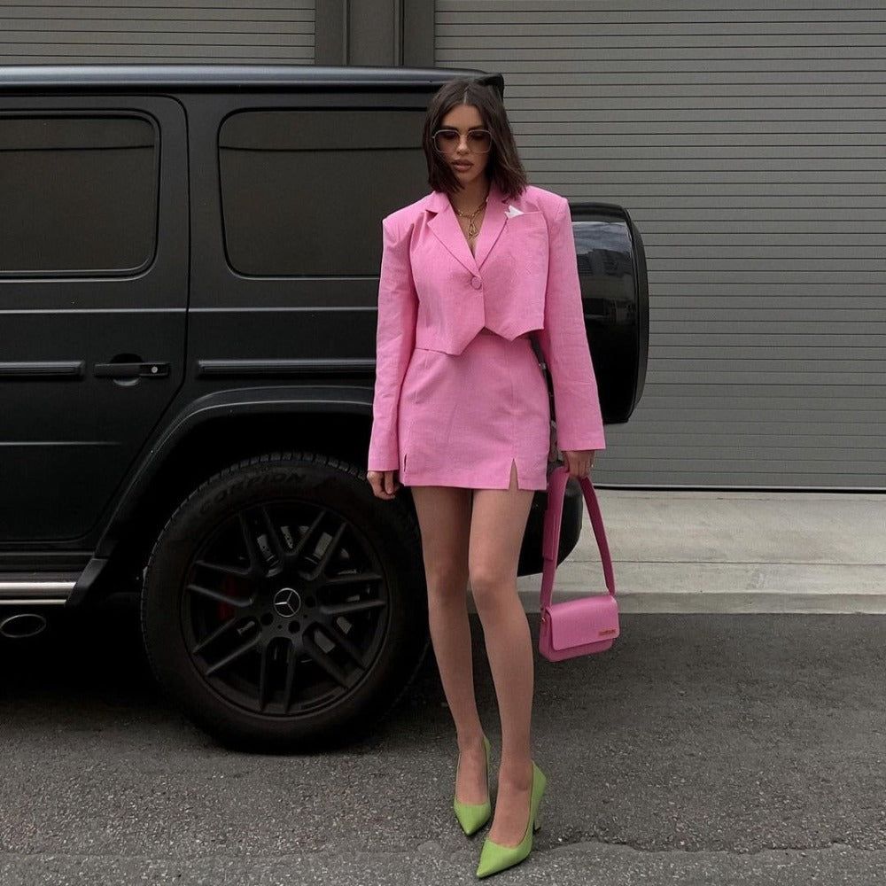 Pink Lapel Cropped Blazer Bralette Slit Mini Skirt Set