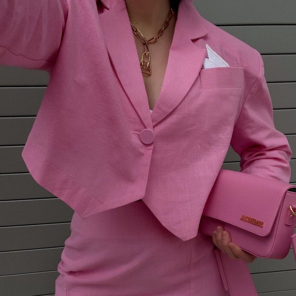 Pink Cropped Blazer Bustier Slit Mini Skirt Two Piece Set