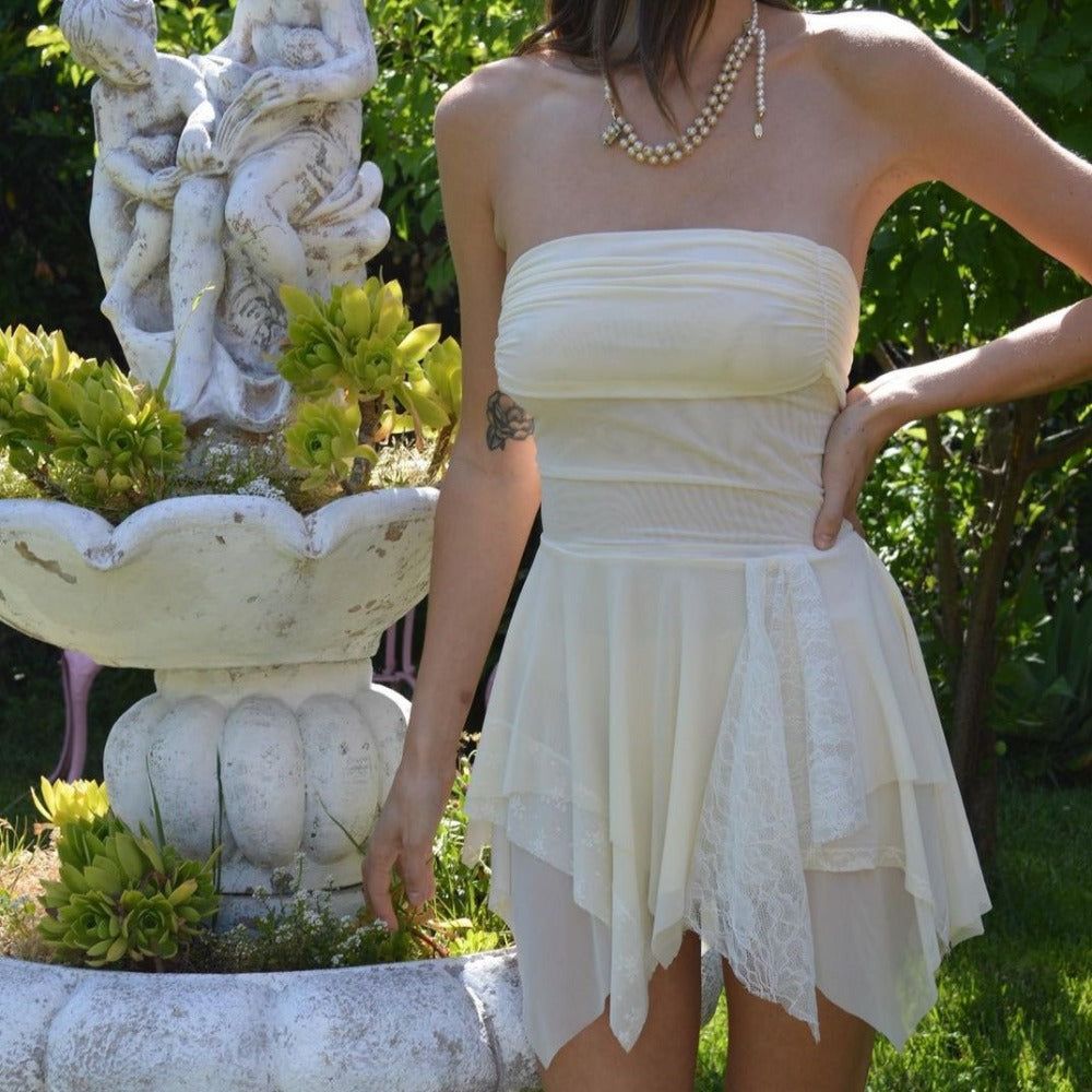 Beige Straight Neck Sheer Mesh Lace Trim Ruffle Mini Dress 3