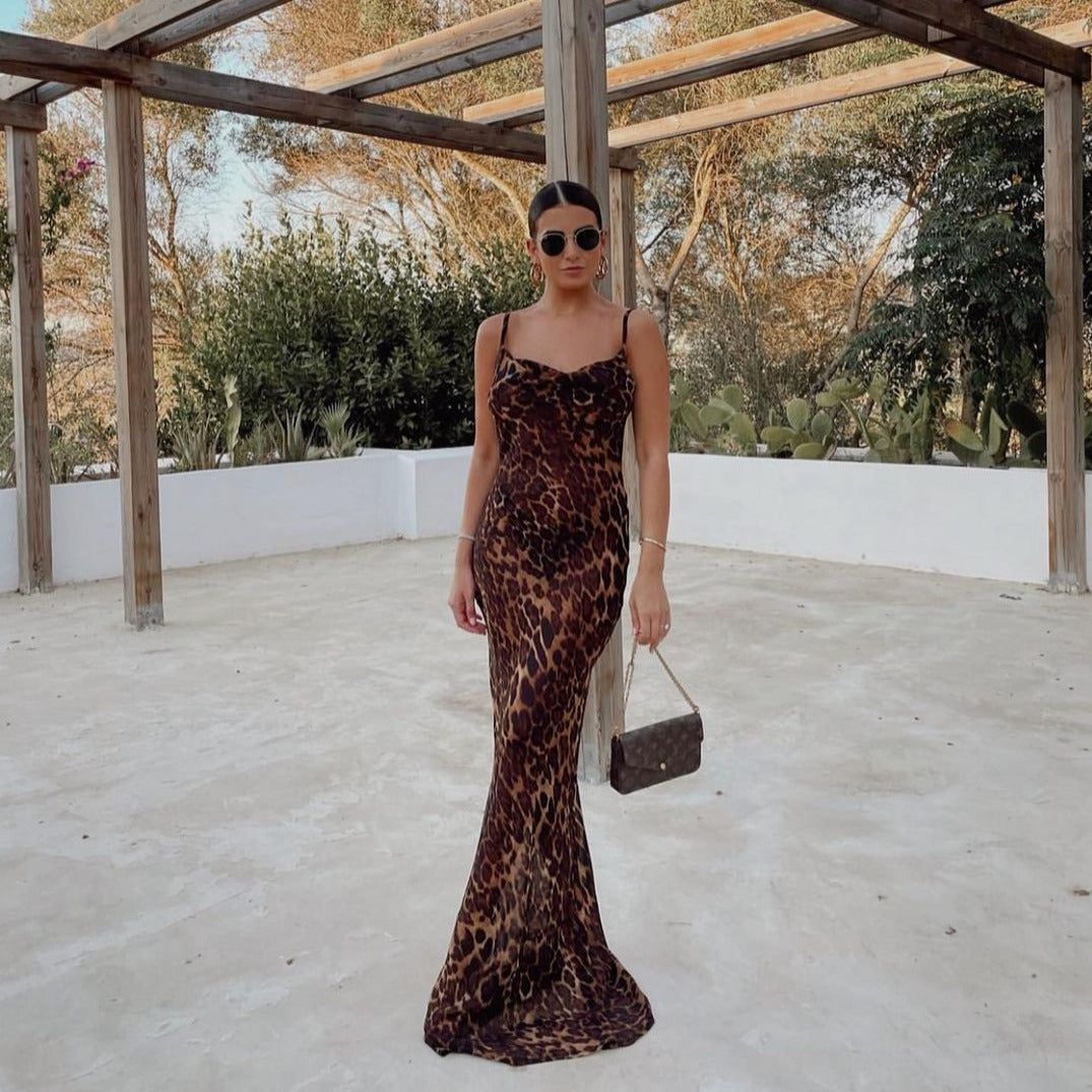 Leopard Scoop Neck Spaghetti Strap Leopard Bodycon Slip Maxi Dress 12