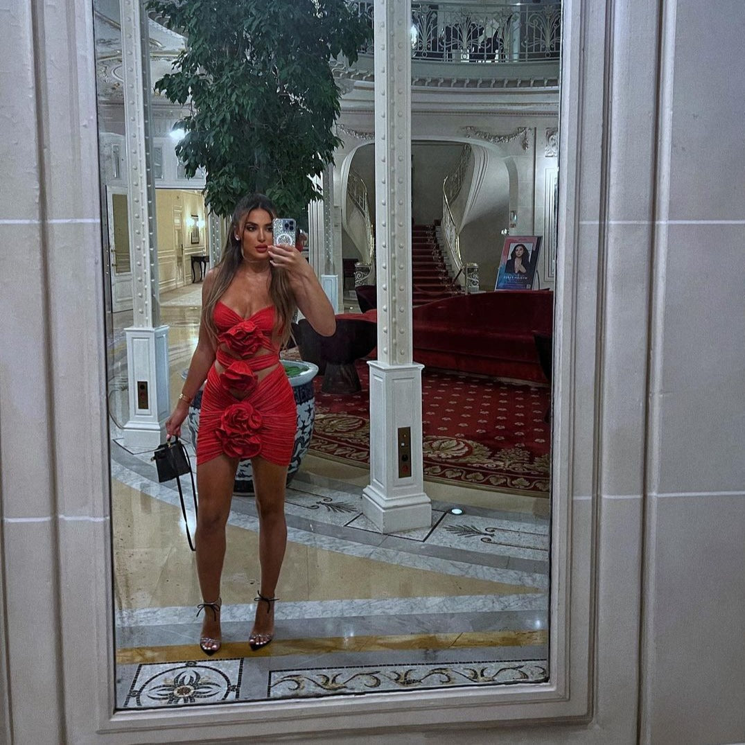 Red Spaghetti Strap Rosette Applique Ruched Cutout Bodycon Mini Dress