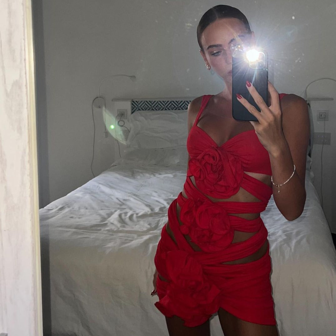Red Spaghetti Strap Rosette Applique Ruched Cutout Bodycon Mini Dress