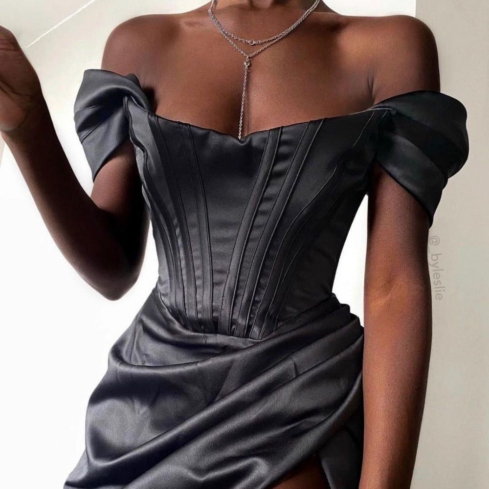 Off-Shoulder Puff Sleeve Corset Satin Ruched High Slit Maxi Dress