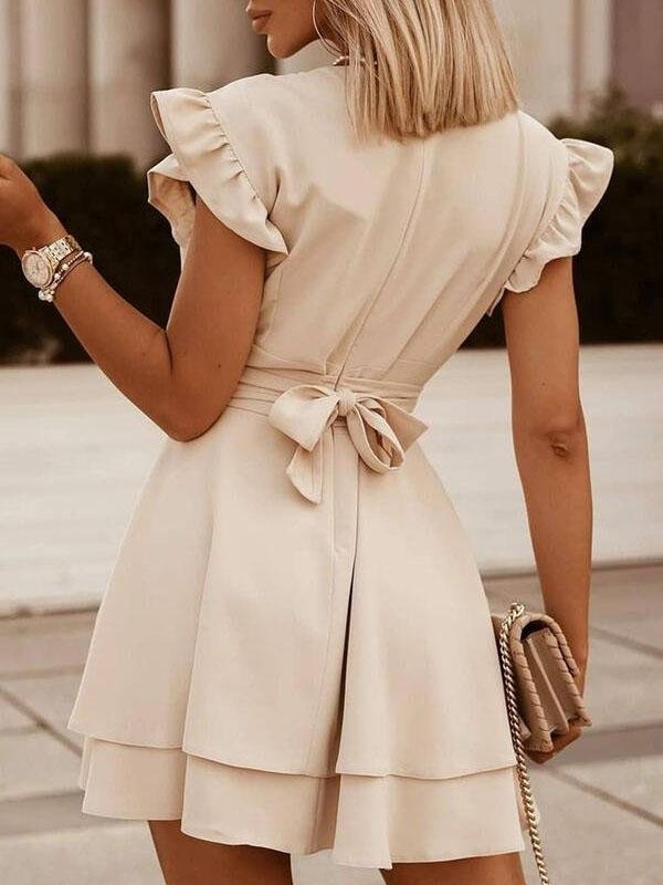 V neck Ruffle Sleeve Solid Color Dress