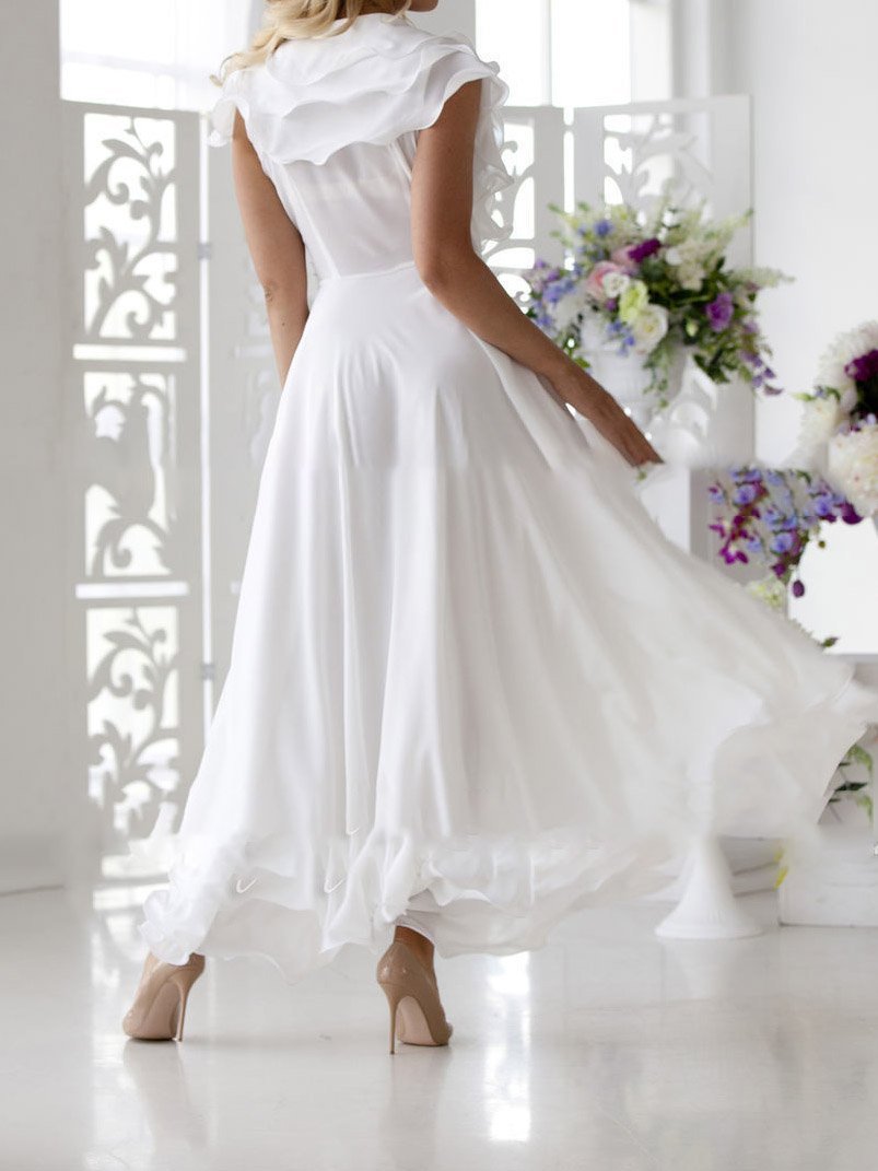 V Neck Short Sleeve Ruffled Elegant Dress