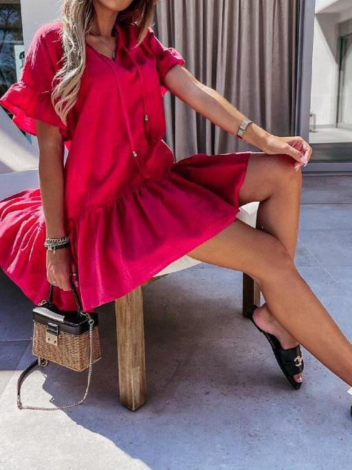 V neck Short sleeved Solid Color Short Dress