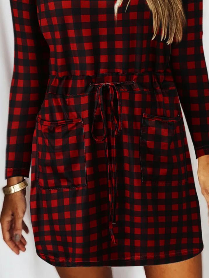 V Neck Slot Pocket Lace Up Long Sleeve Casual Dress