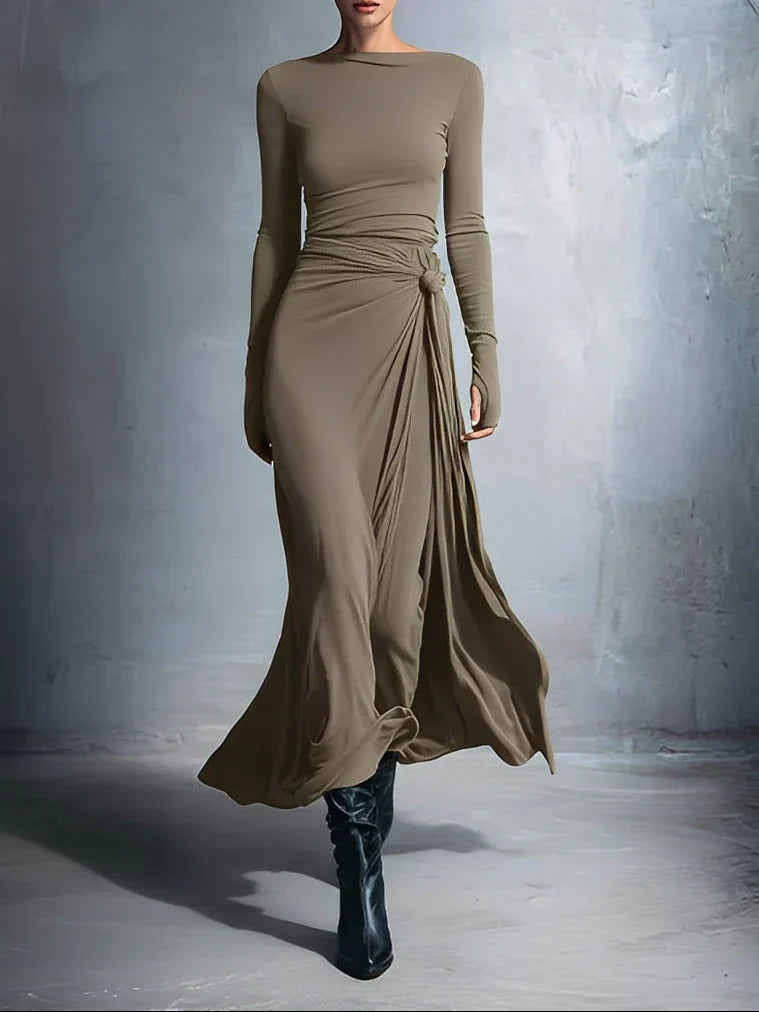 Boat Neck Long Sleeve Side Knot Ruched Draped Bodycon Maxi Dress