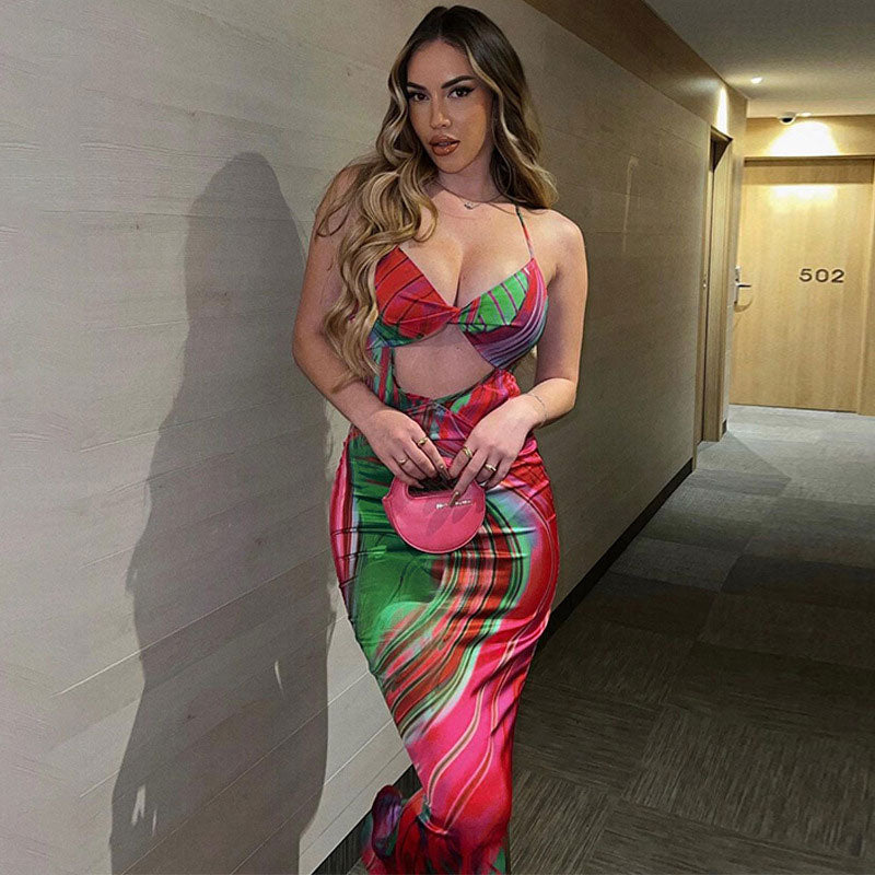 Red Halter Neck Abstract Print Twist Front Cutout Bodycon Maxi Dress