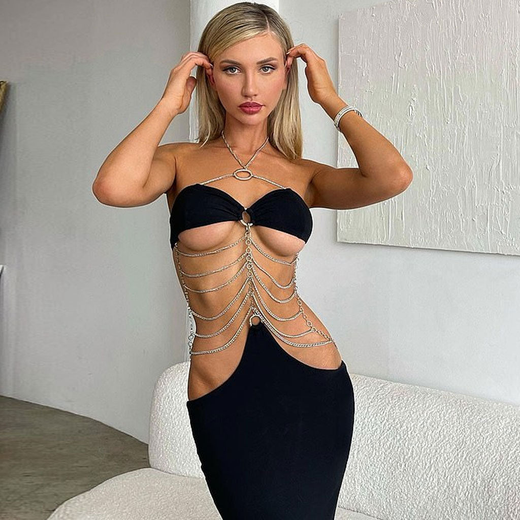 Black Halter Neck Layered Chain Cutout Mermaid Maxi Dress