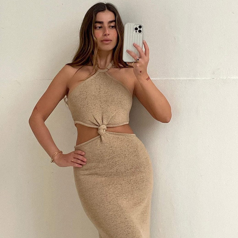 Khaki Halter Neck Knit Side Cutout Ring Detail Bodycon Midi Dress