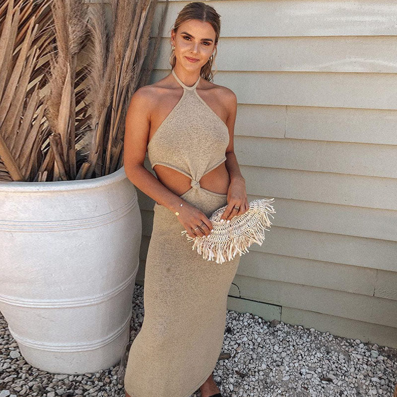 Khaki Halter Neck Knit Side Cutout Ring Detail Bodycon Midi Dress