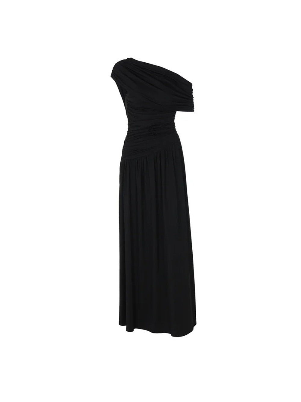 Black One Shoulder Ruched Bodice Pleated Drape Maxi Gown 2