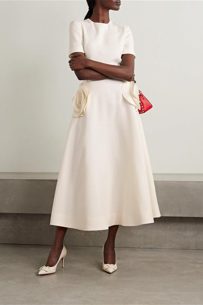 Micaela Minimalist Short Sleeved Midi Dress with Floral Statement Occasion Edit