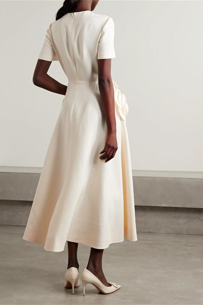 Micaela Minimalist Short Sleeved Midi Dress with Floral Statement Occasion Edit