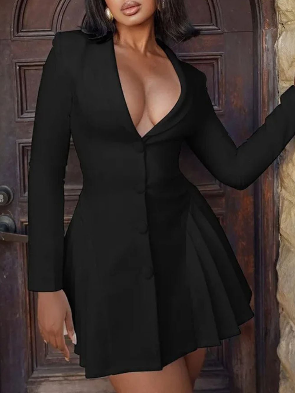 Single Breasted Deep V-Neck Structured Shoulder Pleated Blazer Mini Dress 10