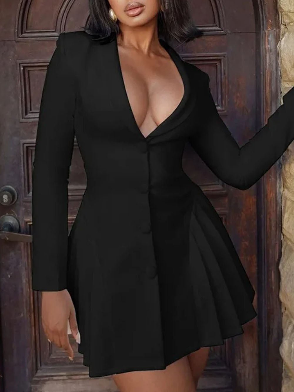 Single Breasted Deep V-Neck Structured Shoulder Pleated Blazer Mini Dress 9