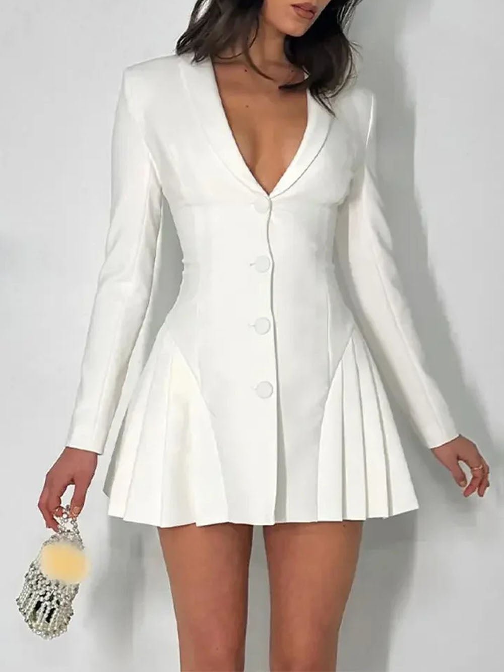 Single Breasted Deep V-Neck Structured Shoulder Pleated Blazer Mini Dress 7